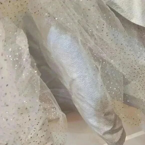 𝅺Girl's Vintage Ice Blue & Silver Acetate Jacquard Satin w Tulip Short Sleeves - Picture 16 of 16